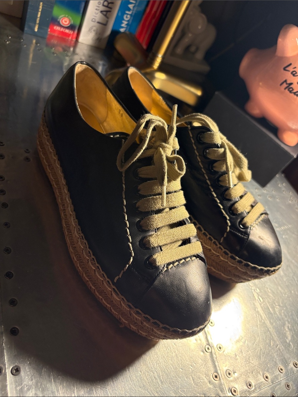 Prada Black Leather Platform Espadrille Sneakers with Tan Laces
